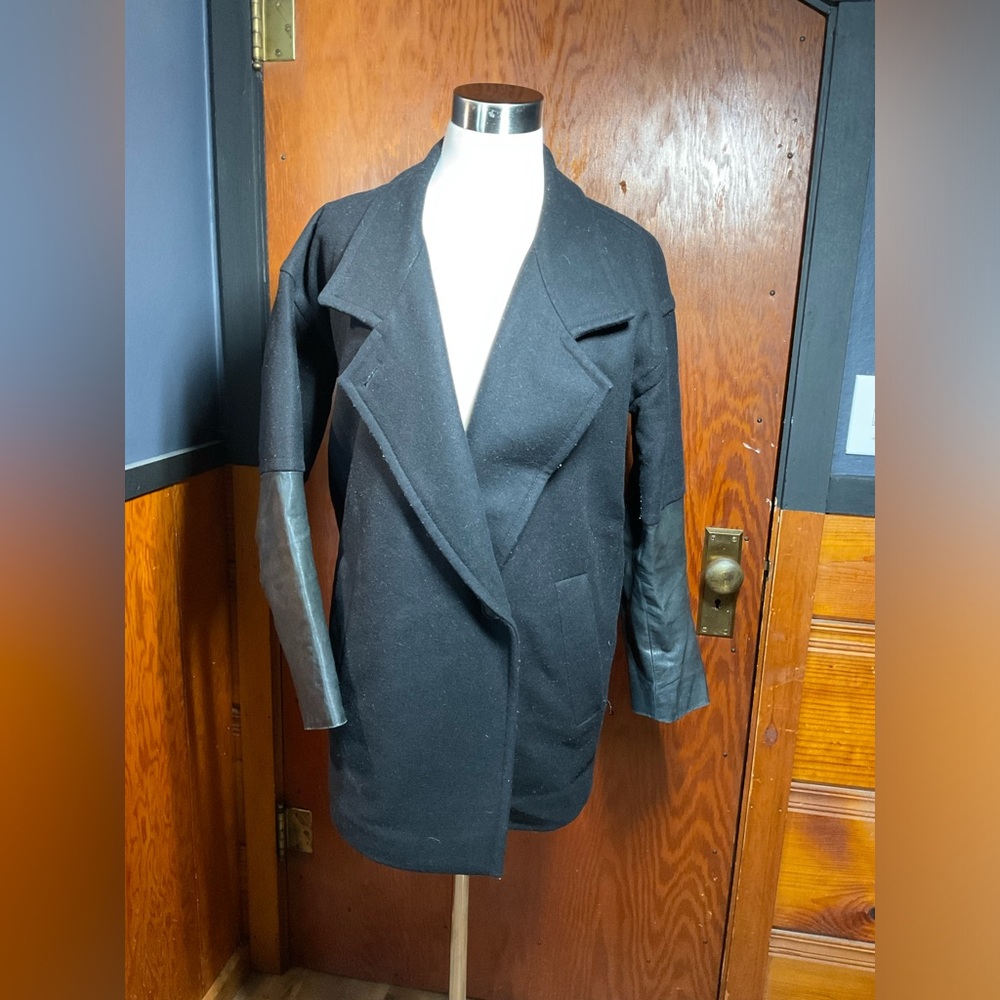 ALL SAINTS Meade Lea Black Coat Leather Sleeves Italian Wool Blend Jacket